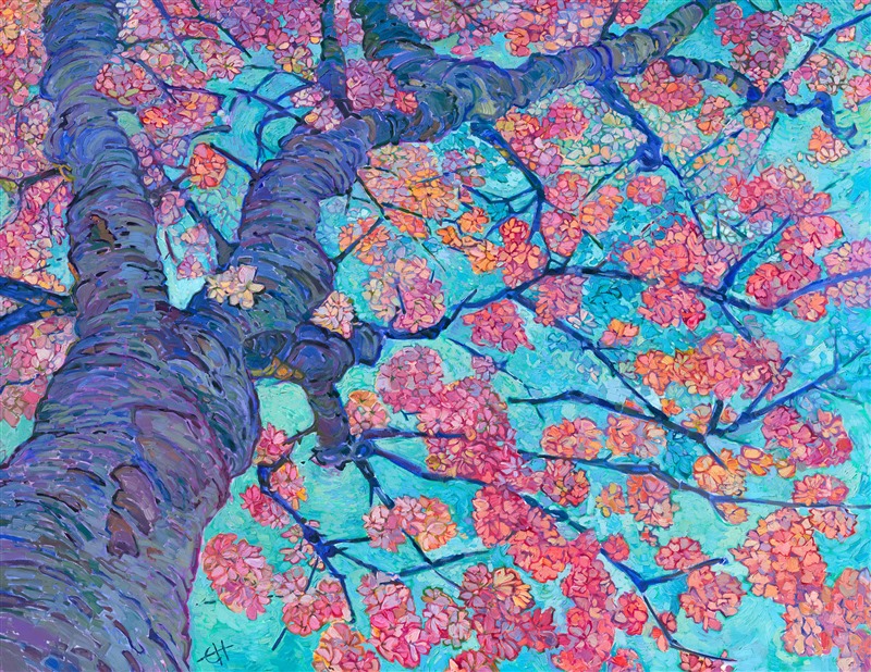 This large-scale oil painting by Erin Hanson captures the vibrant beauty of cherry blossoms in spring. The brush strokes are thick and expressive, capturing the light of the golden hour with an impressionistic eye.</p><p>"Cherry in Bloom" is an original oil painting on a 2-inch deep stretched canvas. The piece is 80 inches tall and 100 inches wide, and the museum-depth sides of the painting are painted "wrap-around style," so the piece can hang without a frame.