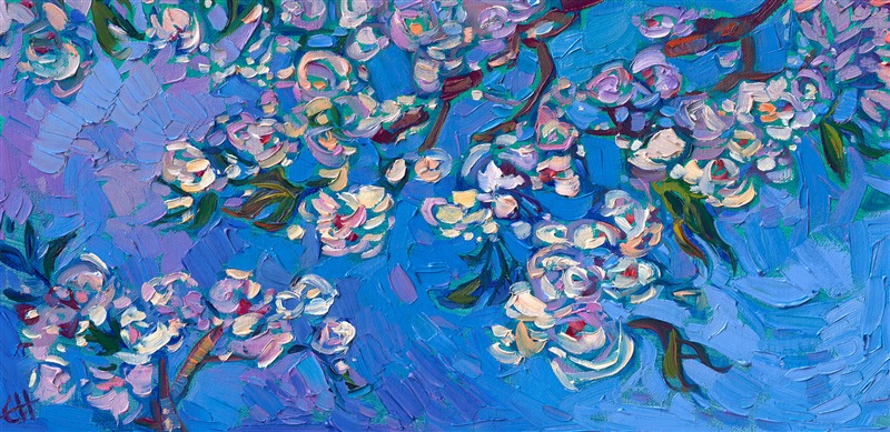 A petite canvas captures the epitome of spring: white cherry blossoms against a blue sky. The expressive brush strokes are alive with movement and texture, communicating the vivacity of spring.</p><p>"Cherry on Blue" is an original oil painting on linen board. The piece arrives framed in a mock floater frame, finished in classic black and gold. 