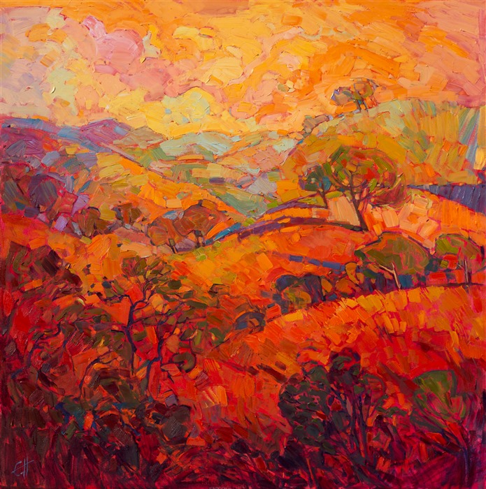 Vibrant, expressionistic hues of orange form luscious layers of color in this painting of Paso Robles, California.  The rolling hills recede into the distance, reflecting the luminous sunset colors of the sky.  Each brush stroke is applied to communicate the overall motion of the landscape.</p><p>This painting is part of <a href="https://www.erinhanson.com/Event/ErinHansonTheOrangeShow">The Orange Show</a>, showing at The Erin Hanson Gallery during the month of October.  The piece is available for purchase now, but the painting would be shipped at the end of the exhibition.</p><p>The painting was created on 1-1/2"-deep canvas, and it has been framed in a gold floater frame.  It arrives wired and ready to hang.