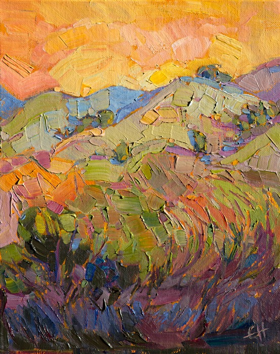 Citrus colors blend like edible frosting across the sunset sky in this minute painting of Paso Robles. The brush strokes are thick and luscious in their texture.</p><p>This small oil painting arrives framed and ready to hang.