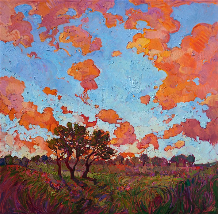 Brilliantly colored skies and wildflowers fill this landscape painting with color and life.  The thickly applied brush strokes add texture and movement to the oil painting, a modern take on impressionism: Hanson's hallmark style of Open Impressionism.</p><p>This painting was created on 2"-deep canvas, with the painting continued around the edges of the stretched canvas. It arrives ready to hang without a frame. </p><p>