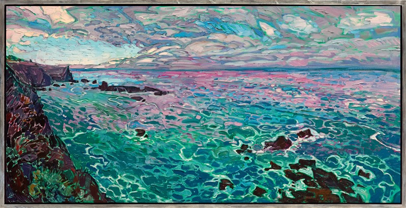 The clouds part over the coastline in Northern California, illuminating the darkening waters with swirls of color. The late afternoon light is tinged with hues of purple and green. The thickly applied oil paint creates rhythms within the painting, leading your eye through the dramatic scene.</p><p>"Clouded Light" was created on 1-1/2" canvas, with the painting continued around the edges. The piece arrives framed in a contemprorary floater frame finished with burnished sterling silver metal leaf.