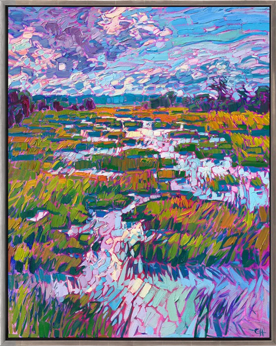 Wet marshlands reflect a dramatic, clouded sky above. The thick, expressive brushstrokes transform the landscape into an impressionistic medley of vibrant colors and textures.</p><p>"Clouded Marsh" is an original oil painting on gallery-depth canvas. The piece arrives framed in a contemporary floater frame, ready to hang.