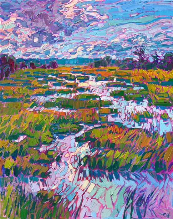 Wet marshlands reflect a dramatic, clouded sky above. The thick, expressive brushstrokes transform the landscape into an impressionistic medley of vibrant colors and textures.</p><p>"Clouded Marsh" is an original oil painting on gallery-depth canvas. The piece arrives framed in a contemporary floater frame, ready to hang.