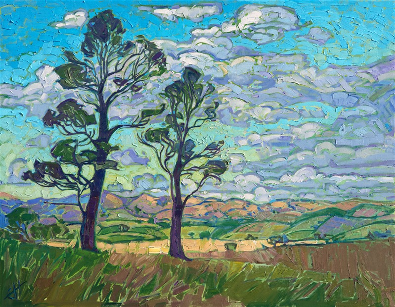 The rolling hills of central California wine country spread into the distance behind these willowy eucalyptus trees. The billowing wisps of clouds move across the heavens, casting ever-changing shadows across the landscape below.</p><p>This painting was done on 1-1/2" canvas, with the painting continued around the edges of the canvas, and it has been framed in a custom gold-leaf floater frame. The painting arrives ready to hang.