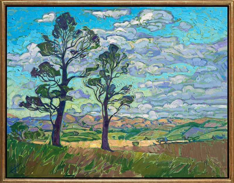The rolling hills of central California wine country spread into the distance behind these willowy eucalyptus trees. The billowing wisps of clouds move across the heavens, casting ever-changing shadows across the landscape below.</p><p>This painting was done on 1-1/2" canvas, with the painting continued around the edges of the canvas, and it has been framed in a custom gold-leaf floater frame. The painting arrives ready to hang.