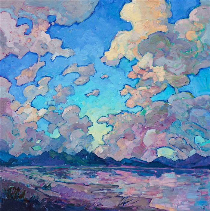 Expressive clouds dance above the horizon, spilling their color into the reflective pool of water below. The brush strokes are thick and impressionistic, capturing the motion and vibrancy of the wide outdoors.

This painting was done on 1-1/2" deep canvas with the painting continued around the edges for a finished look. The painting arrives framed and ready to hang.