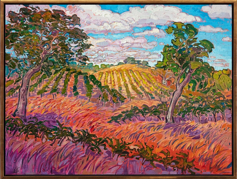 Clouds above Paso Robles drift by in the warm afternoon, casting changing shadows across the rolling vineyards below. Paso Robles is famous for its wine varieties, with optimal growing conditions for different varietals caused by the multitude of micro-climates stretching from Cambria coastline all the way inland to east Paso. This painting captures a beautiful late summer day in central California.</p><p>"Clouds Above Paso" was created on 1-1/2" canvas, with the painting continued around the edges. The piece arrives framed in a contemporary gold floater frame finished in 23kt gold leaf.