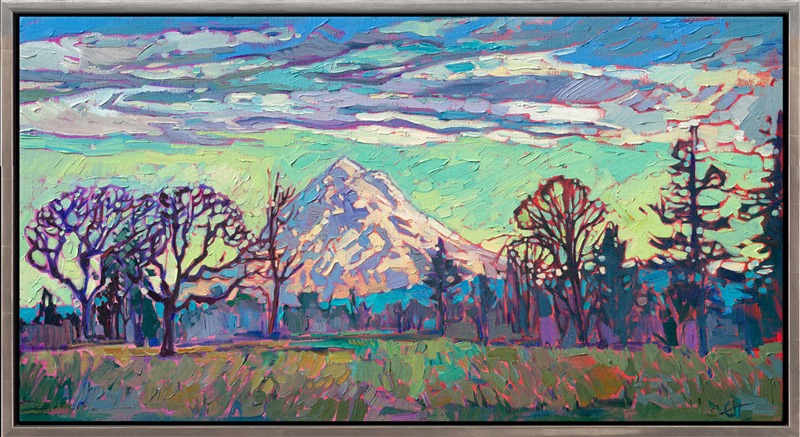 On a crystal clear day in the Willamette Valley, you can see all the way to Mt Hood in the distance. This painting captures an early morning golden hour on Mt Hood. Thick brush strokes capture the movement and vivacity of the scene.