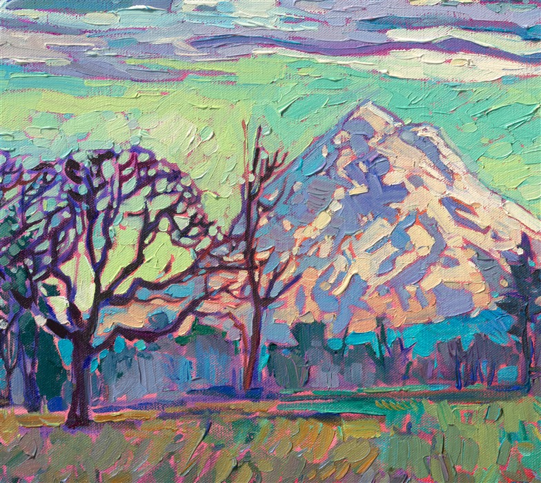 On a crystal clear day in the Willamette Valley, you can see all the way to Mt Hood in the distance. This painting captures an early morning golden hour on Mt Hood. Thick brush strokes capture the movement and vivacity of the scene.