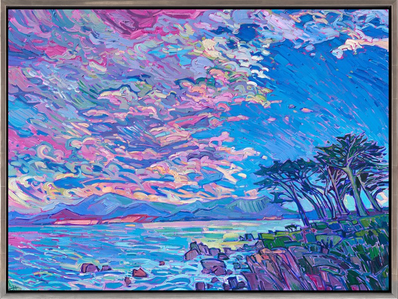 A dramatic cloudscape captures the coastal weather of Pebble Beach, California. This oil painting is alive with movement and subtle color changes, painted in thick, expressive brush strokes. The piece has elements of Monet and van Gogh, with a modern, plein air twist.</p><p>"Clouds and Cypress" is an original oil painting on stretched canvas. The piece arrives framed in a silver or gold floater frame, ready to hang.