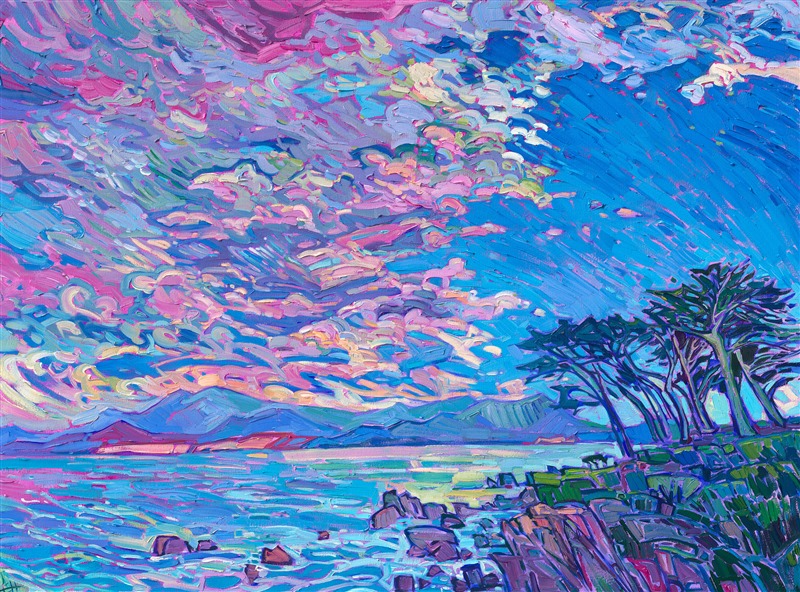 A dramatic cloudscape captures the coastal weather of Pebble Beach, California. This oil painting is alive with movement and subtle color changes, painted in thick, expressive brush strokes. The piece has elements of Monet and van Gogh, with a modern, plein air twist.</p><p>"Clouds and Cypress" is an original oil painting on stretched canvas. The piece arrives framed in a silver or gold floater frame, ready to hang.