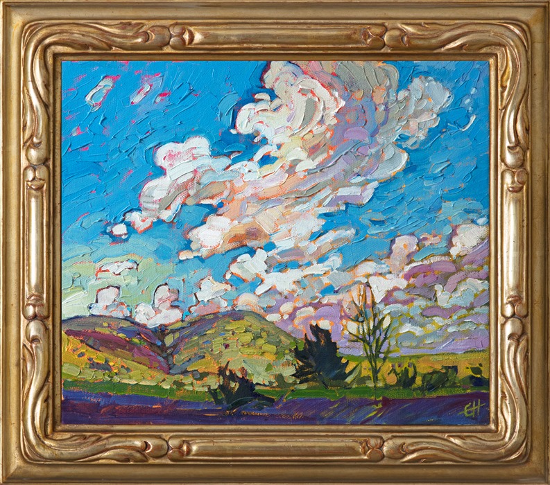 A flurry of fluffy clouds floats over the rounded hillsides of Big Bend Country, near Alpine, Texas.  The spring-green hills seem to glint with a multitude of hues in the bright daylight. The brush strokes in this petite painting are loose and impressionistic, alive with motion and energy.</p><p>This painting will be on display at the Museum of the Big Bend, during the solo exhibition <i><a href="https://www.erinhanson.com/Event/MuseumoftheBigBend" target="_blank">Erin Hanson: Impressions of Big Bend Country.</a></i> This painting will be ready to ship after January 10th, 2019. <a href="https://www.erinhanson.com/Portfolio?col=Big_Bend_Museum_Show_2018">Click here</a> to view the collection.</p><p>This painting has been framed in a custom-made gold frame. The painting arrives ready to hang.