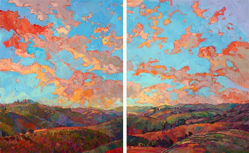 This painting captures a brilliant sunset seen from a high vantage point over the rolling hill country. The buttercream-hued clouds contrast magnificently against the cerulean sky, while thickly applied brush strokes dance across the canvas with motion and life.</p><p>The sides of the canvas are painted as a continuation of the painting, and the painting arrives framed in a gold floater frame, ready to hang.</p><p>Exhibited: <a href="http://westernmuseum.org/cowgirl-up/about//"><i>Cowgirl Up! Art from the Other Half of the West</i></a>, Desert Caballeros Western Museum, Wickenburg, AZ, 2016.<br/>
