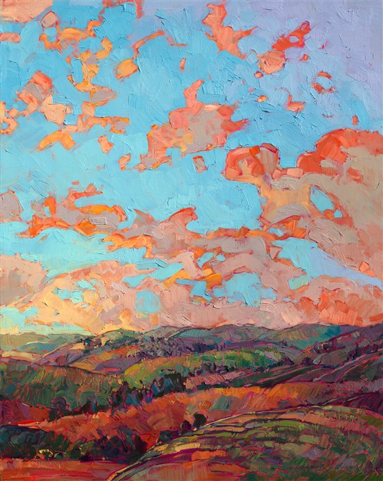 This painting captures a brilliant sunset seen from a high vantage point over the rolling hill country. The buttercream-hued clouds contrast magnificently against the cerulean sky, while thickly applied brush strokes dance across the canvas with motion and life.</p><p>The sides of the canvas are painted as a continuation of the painting, and the painting arrives framed in a gold floater frame, ready to hang.</p><p>Exhibited: <a href="http://westernmuseum.org/cowgirl-up/about//"><i>Cowgirl Up! Art from the Other Half of the West</i></a>, Desert Caballeros Western Museum, Wickenburg, AZ, 2016.<br/>