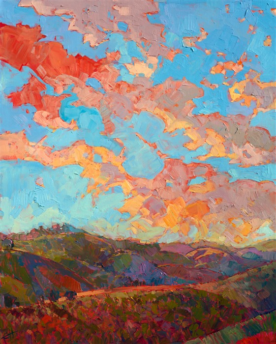 This painting captures a brilliant sunset seen from a high vantage point over the rolling hill country. The buttercream-hued clouds contrast magnificently against the cerulean sky, while thickly applied brush strokes dance across the canvas with motion and life.</p><p>The sides of the canvas are painted as a continuation of the painting, and the painting arrives framed in a gold floater frame, ready to hang.</p><p>Exhibited: <a href="http://westernmuseum.org/cowgirl-up/about//"><i>Cowgirl Up! Art from the Other Half of the West</i></a>, Desert Caballeros Western Museum, Wickenburg, AZ, 2016.<br/>