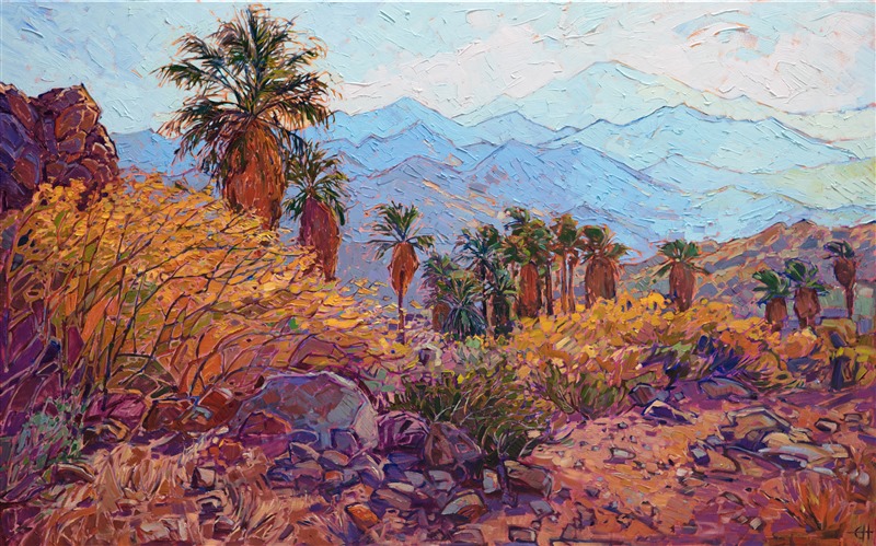 I hiked through Andreas Canyon in the Coachella Valley, shortly after dawn, seeing not a soul through the shaded paths along the oasis and then out onto the rocky path overlooking the desert palms. The distant mountains loomed tall in the distance, a stunning backdrop to the warm colors of the desert landscape.</p><p>"Coachella Palms" was created on 1-1/2" canvas, with the painting continued around the edges of the canvas. The piece will be framed in a custom gold floating frame.