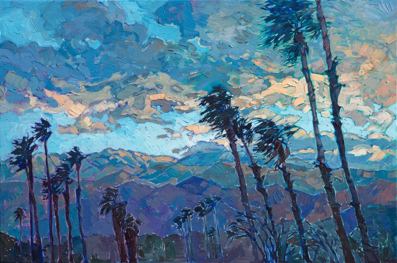 Wind-swept clouds roll over the Santa Rosa Mountains in this La Quinta-inspired painting.  You can almost hear the wind rushing through the fronds of the desert palms and feel the storm clouds in the air.  The brush strokes are loose and impressionistic, conveying a sense of motion and spontaneity.</p><p>This painting was created on 1-1/2" canvas, with the painting continued around the edges. The piece will be framed in a gold floater frame and arrives ready to hang.<br/>