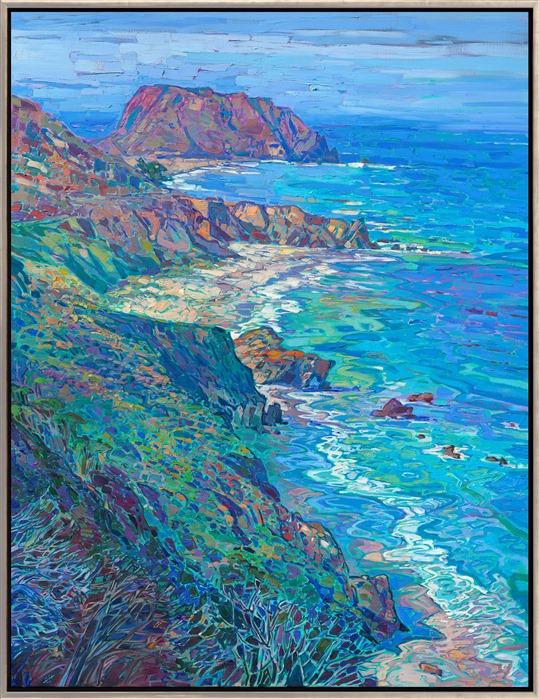 Verdant spring colors are captured in this large oil painting of California's Highway 1. The brush strokes are thick and impressionistic, alive with expressive motion. You can almost feel the cool ocean breezes pushing back your hair, almost smell the salt in the air.</p><p>"Coastal Blues" is an original oil painting created on stretched canvas. The piece arrives framed in a burnished silver floater frame, ready to hang.