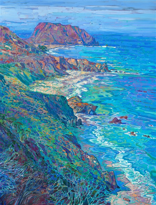 Verdant spring colors are captured in this large oil painting of California's Highway 1. The brush strokes are thick and impressionistic, alive with expressive motion. You can almost feel the cool ocean breezes pushing back your hair, almost smell the salt in the air.</p><p>"Coastal Blues" is an original oil painting created on stretched canvas. The piece arrives framed in a burnished silver floater frame, ready to hang.