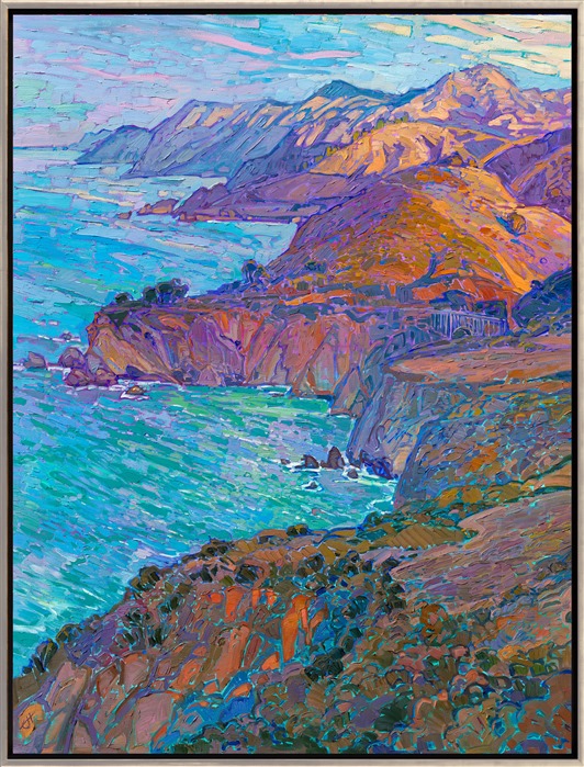 Bixby Bridge, located between Carmel and Big Sur on the California coastline, is a beautiful feat of engineering. I don't paint man-made objects very often, but this bridge gracefully fits in with the natural landscape, adding to the aesthetics of the scene. This painting captures the grandeur of Highway 1 and the vibrant colors at dawn.</p><p>"Coastal Cliffs" is an original oil painting on stretched canvas. The painting arrives framed in a 23kt burnished, gold leaf floater frame.