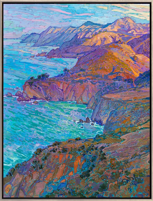 Bixby Bridge, located between Carmel and Big Sur on the California coastline, is a beautiful feat of engineering. I don't paint man-made objects very often, but this bridge gracefully fits in with the natural landscape, adding to the aesthetics of the scene. This painting captures the grandeur of Highway 1 and the vibrant colors at dawn.</p><p>"Coastal Cliffs" is an original oil painting on stretched canvas. The painting arrives framed in a 23kt burnished, gold leaf floater frame.