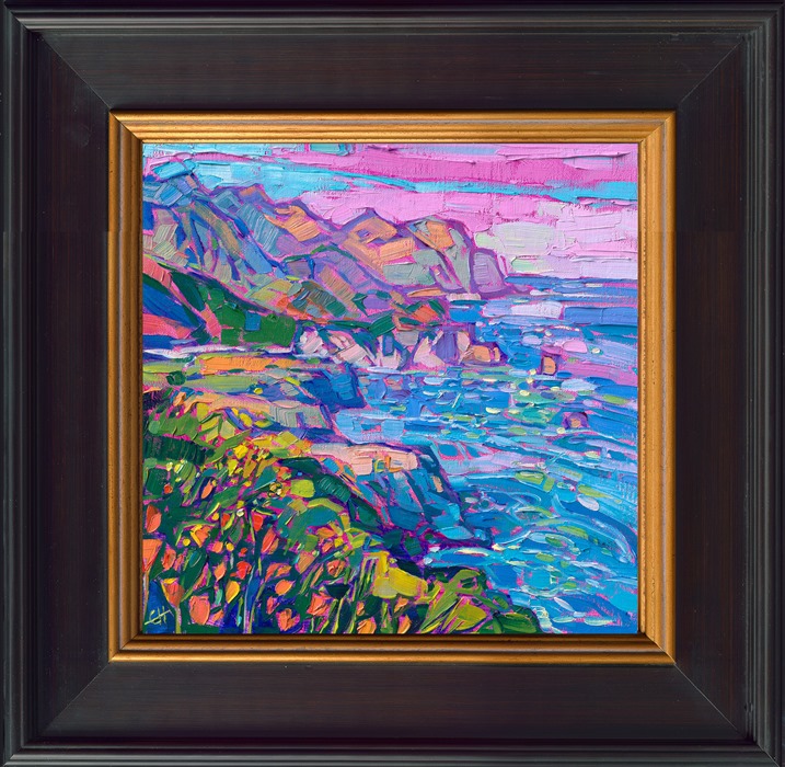 Saturated colors fill the canvas with vibrant hues of springtime, in this painting of California's Highway 1. The impressionist brush strokes capture the transient light of late afternoon.</p><p>"Coastal Color" is an original oil painting created on linen board. The piece arrives framed in a custom-made plein air frame, chosen to set off the colors of the painting.