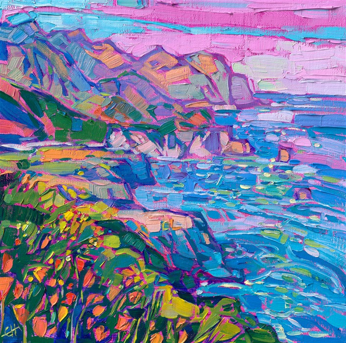 Saturated colors fill the canvas with vibrant hues of springtime, in this painting of California's Highway 1. The impressionist brush strokes capture the transient light of late afternoon.</p><p>"Coastal Color" is an original oil painting created on linen board. The piece arrives framed in a custom-made plein air frame, chosen to set off the colors of the painting.