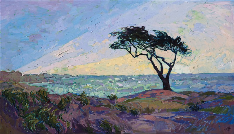 Soft coastal hues of cerulean and lavender blend together in this oil painting inspired by Pebble Beach, California.  This painting captures the movement of the outdoors with wide, free brush strokes and vivid color.</p><p>This painting has been framed in a hand-gilded, carved floater frame that was designed to complement the colors in this painting.  It will arrived wired and ready to hang.