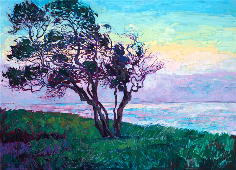 This painting was inspired by a quiet morning watching the dawn break at La Jolla Point.  The park was green and lush, with this beautiful wind-sculpted tree stark against the changing color of the sky.  I used thick, impasto oil paint, applied only with a brush, to capture this tranquil moment. 

This paintings was created on 1-1/2" canvas, with the painting continued around the sides of the canvas for a finished look.  The painting has been framed in a carved gold floater frame.

This painting will be included in the exhibition <i><a href="https://www.erinhanson.com/Event/erinhansoncoastalcalifornia" target="_blank">Erin Hanson: Coastal California</i></a>, at The Erin Hanson Gallery in San Diego. The artist's reception will take place on June 24th.  If you purchase this painting online, it will be shipped to you the week of June 26th.