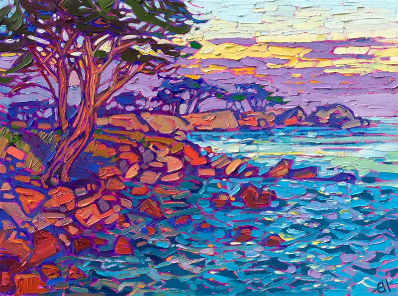 Monterey point is captured in lush, brilliant color and impressionistic brush strokes. The thick texture of the paint adds dimension and movement to this petite painting.</p><p>"Coastal Dawns" was created on fine linen board, and the piece arrives framed in a plein air frame, ready to hang.