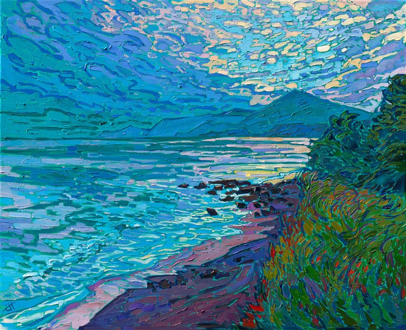 Aquamarine light plays over the surface of the coastal waters, the last colors of day lingering over the seascape vista. The loose and expressive brush strokes capture the quiet solitude of the scene.

"Coastal Dusk" was created on 1-1/2" canvas, with the painting continued around the edges. The piece arrives framed in a contemporary floater frame finished in burnished sterling silver.