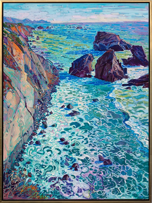 Swirling layers of foam create ever-changing patterns in the waters below. Every impressionist brush stroke communicates the movement and beauty of the coastal scene. This painting was inspired by driving south of Mendocino, California. </p><p>"Coastal Foam" was created on 1-1/2" canvas, with the painting continued around the edges. The painting arrives framed in a custom gold floater frame.