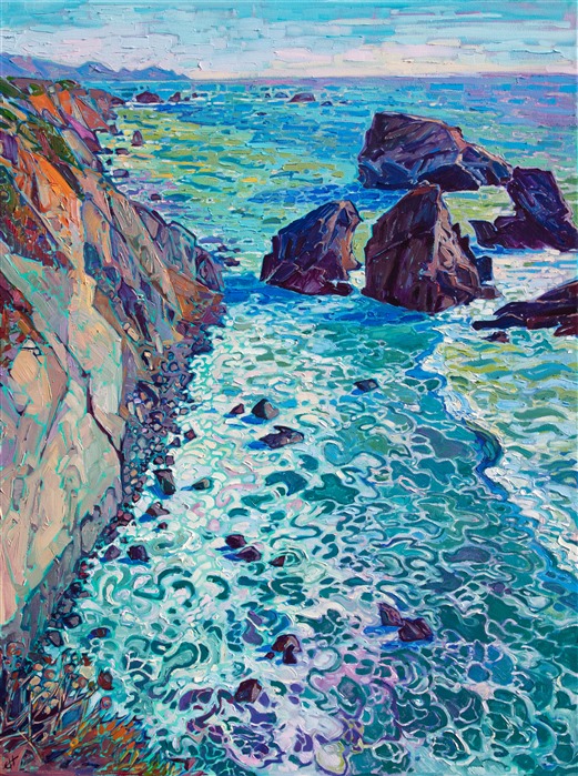 Swirling layers of foam create ever-changing patterns in the waters below. Every impressionist brush stroke communicates the movement and beauty of the coastal scene. This painting was inspired by driving south of Mendocino, California. </p><p>"Coastal Foam" was created on 1-1/2" canvas, with the painting continued around the edges. The painting arrives framed in a custom gold floater frame.