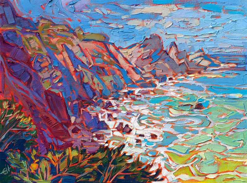 <b>PLEASE NOTE: This painting will be hanging at the Santa Paula Art Museum for Erin's <a href="https://www.erinhansonprints.com/Event/CaliforniaImpressionismatSantaPaulaMuseum" target="_blank"><i>Colors of California</a></i> exhibition. You may purchase this painting online, but the earliest we can ship your painting is July 30th.</b>

Ripples of light filter through the coastal waters off Highway 1. The brush strokes are loose and impressionistic, conveying a sense of movement and life to the scene.

"Coastal Green" was created on 1-1/2" stretched canvas. The painting arrives framed in a contemporary gold floater frame, ready to hang.