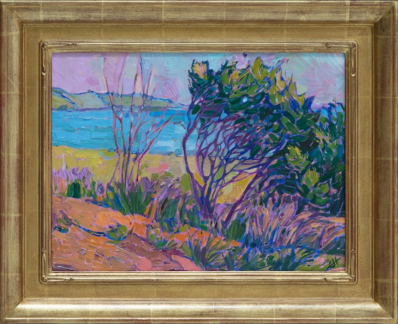 The coastline north of Cambria is beautiful in the springtime, the coastal shrubbery turning vivid greens and pinks.  I love capturing the abstract shapes of the vegetation in front of the distant blue waters.</p><p>This painting has been framed in a hand-carved and gilded frame that was designed to complement the colors in this painting.  It will arrived wired and ready to hang.<br/>