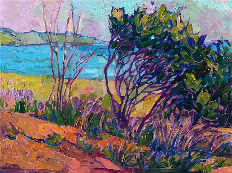 The coastline north of Cambria is beautiful in the springtime, the coastal shrubbery turning vivid greens and pinks.  I love capturing the abstract shapes of the vegetation in front of the distant blue waters.</p><p>This painting has been framed in a hand-carved and gilded frame that was designed to complement the colors in this painting.  It will arrived wired and ready to hang.<br/>