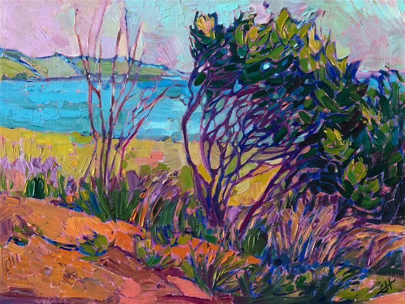 The coastline north of Cambria is beautiful in the springtime, the coastal shrubbery turning vivid greens and pinks.  I love capturing the abstract shapes of the vegetation in front of the distant blue waters.

This painting has been framed in a hand-carved and gilded frame that was designed to complement the colors in this painting.  It will arrived wired and ready to hang.
