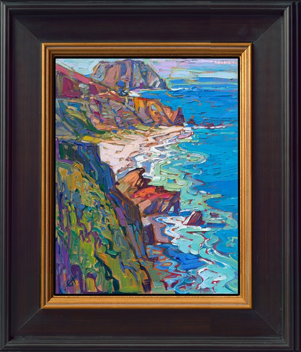 California's Highway 1 stretches all along the Pacific coast, curving through rocky bays, steep cliffs, winding plateaus, and aquamarine waters. This painting captures a particularly beautiful stretch of Pacific coastline between Big Sur and Point Lobos. The expressive brushstrokes capture the vibrant energy of the scene.</p><p>"Coastal Highway" is an original oil painting on linen board. The piece arrives framed in a classic, black and gold plein air frame, ready to hang.