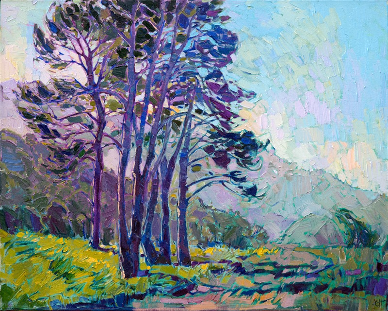 This painting was inspired by the coastal landscapes near Big Sur, California.  The morning fog gives this painting a dramatic and beautiful atmosphere.  The impasto brush strokes capture the feeling of movement and light felt when you are outdoors in the fresh coastal air.

This painting was done on 1-1/2" deep canvas with the painting continued around the edges for a finished look. The painting has been framed in a carved open-impressionist frame in 22kt gold leaf.