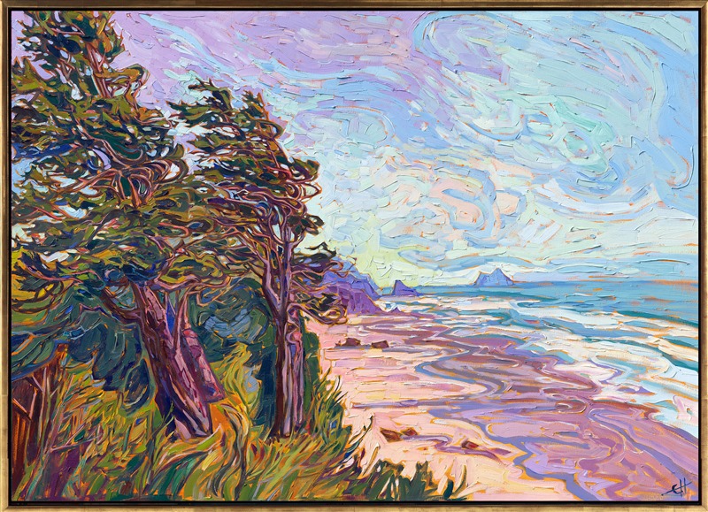 Windswept pines grow along the ragged shores of central Oregon, their twisted branches reflecting the movement of the westerly winds. The thick, impressionistic brush strokes of oil paint capture the movement and color of this Northwestern seascape.</p><p>"Coastal Pines" was created on gallery-depth canvas, with the painting continued around the edges of the canvas. The painting arrives framed in a simple gold floater frame finished in burnished 23kt gold leaf.