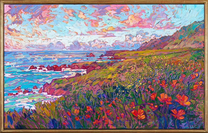 A flurry of coastal poppies catches the late afternoon light in this painting inspired by the California coast near Hearst Castle. The thick, impressionistic brush strokes capture the impression of standing out-of-doors in the coastal breeze.</p><p>"Coastal Poppies II" was created on 1-1/2" canvas, with the painting continued around the edges. The piece arrives framed in a hand-made, closed corner gold floater frame.