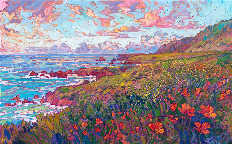 A flurry of coastal poppies catches the late afternoon light in this painting inspired by the California coast near Hearst Castle. The thick, impressionistic brush strokes capture the impression of standing out-of-doors in the coastal breeze.</p><p>"Coastal Poppies II" was created on 1-1/2" canvas, with the painting continued around the edges. The piece arrives framed in a hand-made, closed corner gold floater frame.