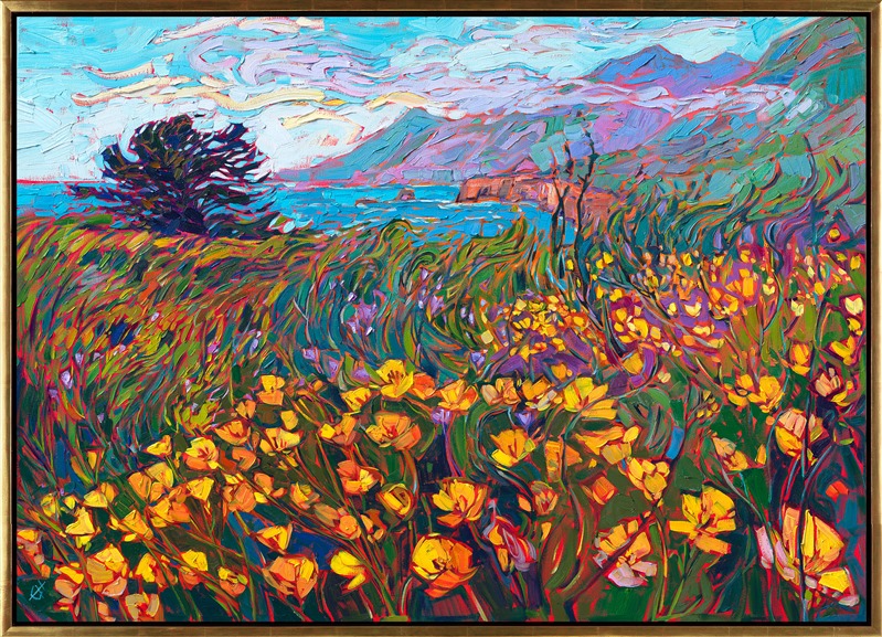 Buttery orange poppies bloom along Highway 1 in California. A rising fog obscures the curving line of the coastal mountains. Thick brush strokes and impressionistic color capture the beauty of the scene.</p><p>"Coastal Poppies III" was created on gallery-depth canvas, and the piece arrives framed in a contemporary gold floater frame, ready to hang.