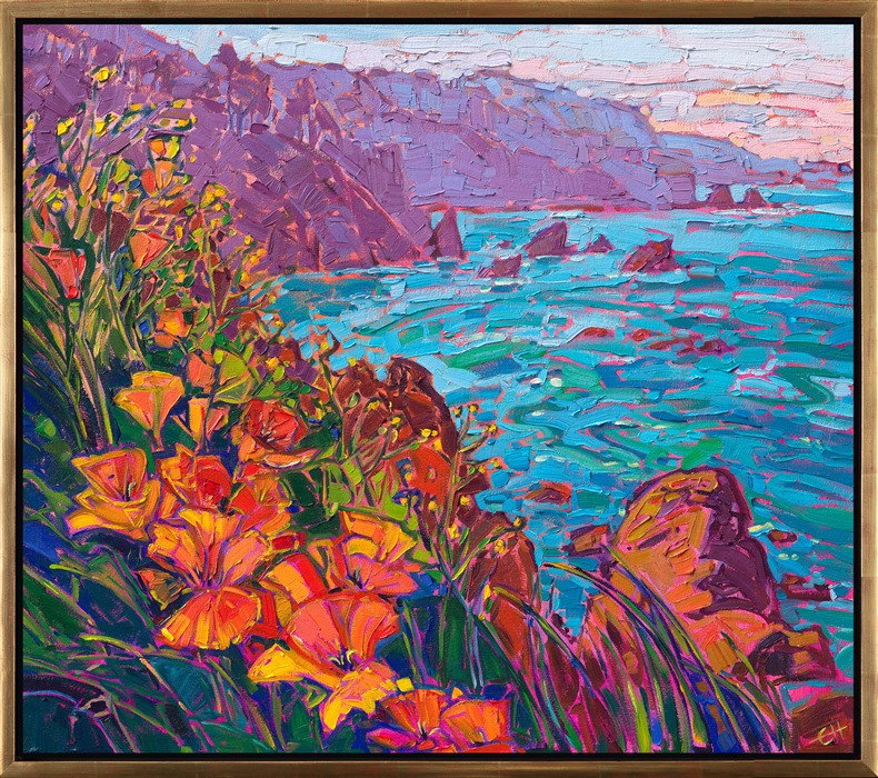 Bright blooms of orange poppies grow along the cliffside in this painting of Mendocino, California. The vivid hues of turquoise are a beautiful contrast against the burgundy and purple coastal range. The impasto brush strokes in this impressionist oil painting are laid side-by-side without layering, creating a mosaic of color and texture across the canvas.</p><p>"Coastal Poppies IV" is part of a series of oil paintings celebrating this vibrant flower as it grows along California's picturesque coastline. This painting arrives framed in a contemporary gold floater frame, ready to hang in your home.