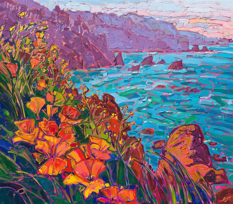 Bright blooms of orange poppies grow along the cliffside in this painting of Mendocino, California. The vivid hues of turquoise are a beautiful contrast against the burgundy and purple coastal range. The impasto brush strokes in this impressionist oil painting are laid side-by-side without layering, creating a mosaic of color and texture across the canvas.</p><p>"Coastal Poppies IV" is part of a series of oil paintings celebrating this vibrant flower as it grows along California's picturesque coastline. This painting arrives framed in a contemporary gold floater frame, ready to hang in your home.