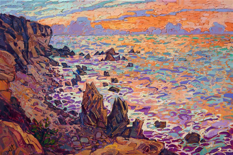 Rich hues of sherbet contrast against the purple shadows in this oil painting of Laguna Beach coastline. The swirling colors capture the movement and beauty of the ocean waters during sunset. This painting was created from a limited palette, with bold, deft brush strokes.</p><p>"Coastal Sherbet" was created on 1-1/2" canvas, with the painting continued around the edges. The piece is presented in a contemporary gold floater frame.