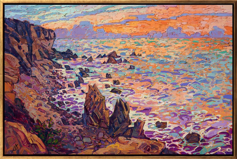 Rich hues of sherbet contrast against the purple shadows in this oil painting of Laguna Beach coastline. The swirling colors capture the movement and beauty of the ocean waters during sunset. This painting was created from a limited palette, with bold, deft brush strokes.</p><p>"Coastal Sherbet" was created on 1-1/2" canvas, with the painting continued around the edges. The piece is presented in a contemporary gold floater frame.