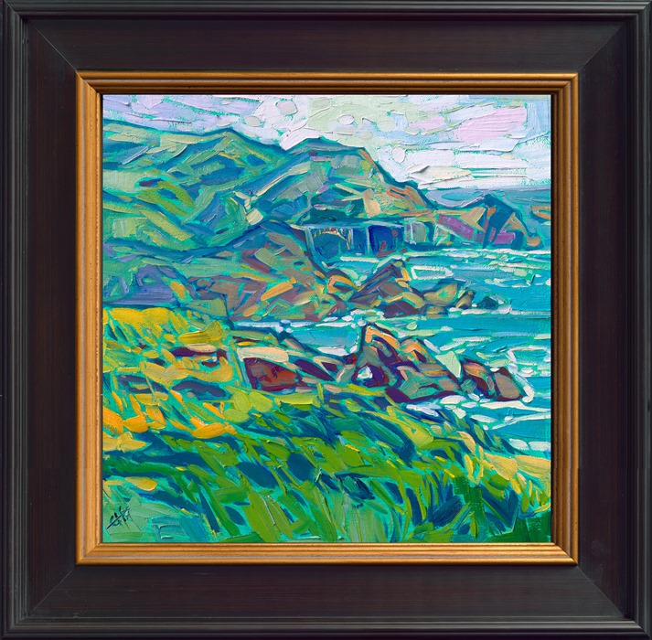 The California coastline between Carmel and Big Sur is some of the most beautiful of California's craggy coast. In this painting you can faintly see Bixby Bridge in the distance.</p><p>"Coastal Summer" is an original oil painting in Erin's signature Open Impressionism style. The piece arrives framed in a black and gold plein air frame, ready to hang.