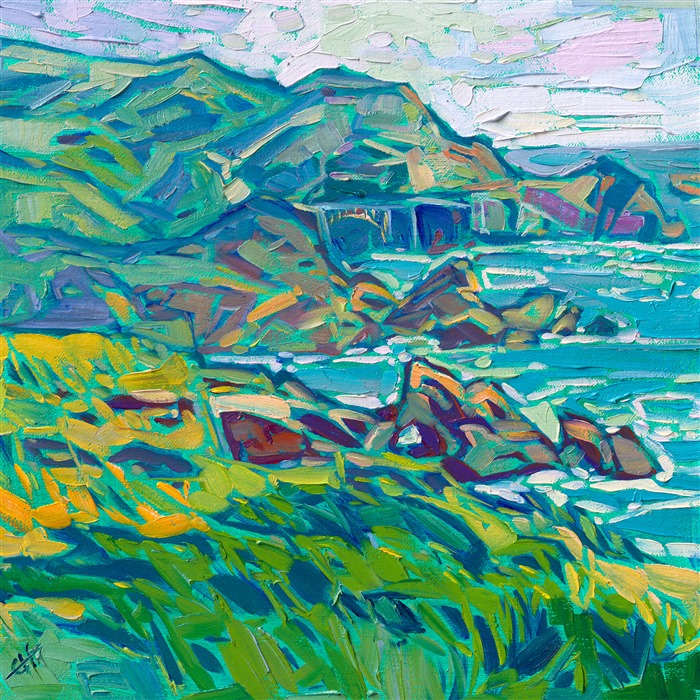 The California coastline between Carmel and Big Sur is some of the most beautiful of California's craggy coast. In this painting you can faintly see Bixby Bridge in the distance.</p><p>"Coastal Summer" is an original oil painting in Erin's signature Open Impressionism style. The piece arrives framed in a black and gold plein air frame, ready to hang.
